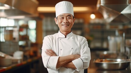 Asian chef sushi master standing in a restaurant kitchen with hands crossed