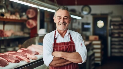Middle aged man butcher standing in a butcher shop
