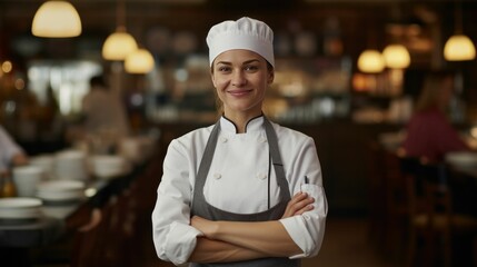 Smiling female chef standing in a restaurant kitchen with hands crossed