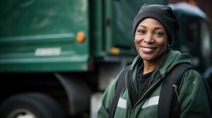 Female waste collector job worker smiling into the camera