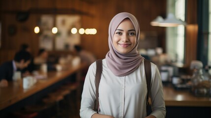 Fototapeta na wymiar Coffee shop owner muslim woman smiling. Cafeteria barista 