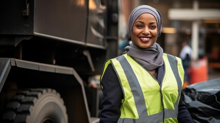 Fototapeta premium Black african american female waste collector job worker smiling into the camera