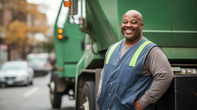 Black african american man waste and garbage collection job worker