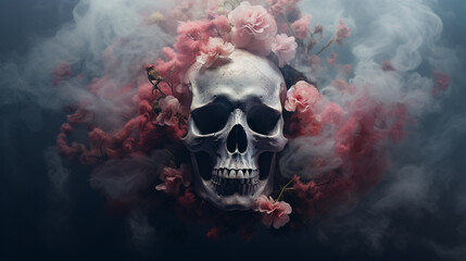 Skull with flowers emerging from a cloud of smoke. Halloween background. Digital illustration