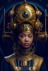 Painting of beautiful Black woman in gold steampunk attire