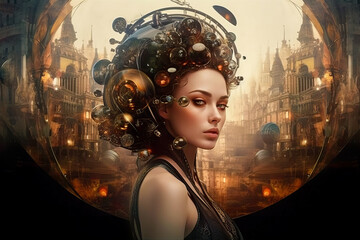 Painting of a confident young white woman in a futuristic cityscape