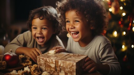 Two happy young black children unwrapping gifts. Generative AI
