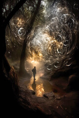 Painting of a solitary figure standing in a dark cave beneath a mysterious light