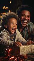 Two happy young black children unwrapping gifts. Generative AI