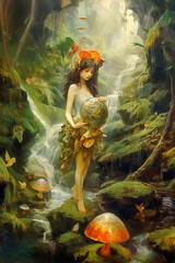 Painting of captivating jungle waterfall with woman in nature