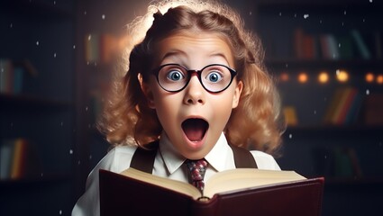 emotional excited surprise face school child in glasses in school uniform holds notebook, backpack isolated on blackboard background