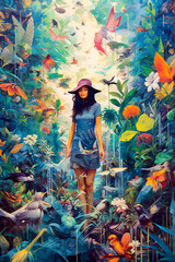 Painting of young woman standing in jungle landscape surrounded by bird and flowers