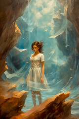Painting of young woman alone in cavern by the sea in contemplation