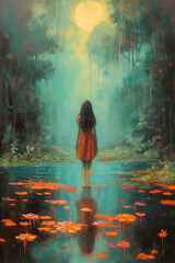 Painting of a woman stands alone amidst the tranquil waters contemplative and serene
