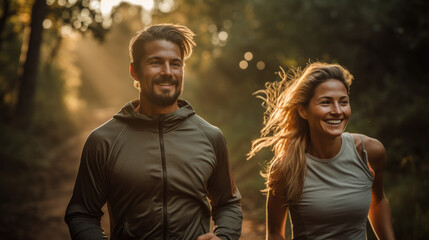 A man and a woman running happily side by side in nature.
