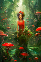 Painting of striking portrait of a woman in red against a watery and forest backdrop