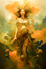 Painting of gently floating woman in flowing dress surrounded by orbs
