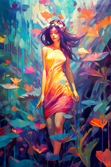 Painting of vibrant fashion portrait of a young woman in a colorful jungle setting