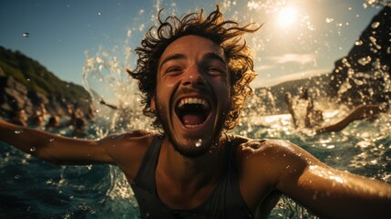A group of friends having fun in the refreshing waters of the lake.