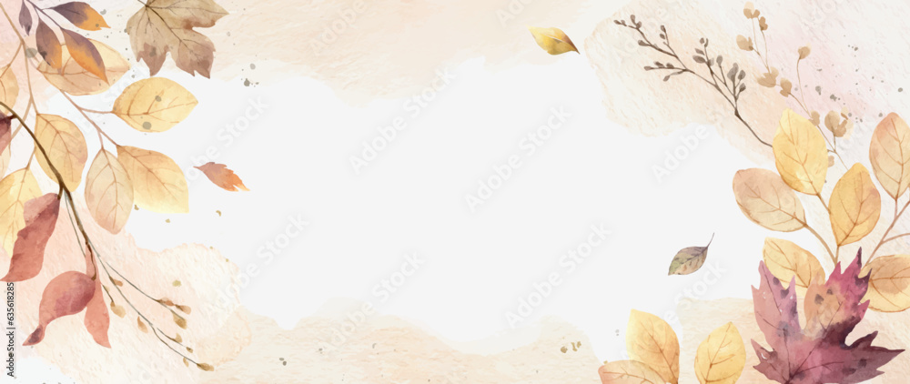 Wall mural autumn vector background with watercolor leaves, branches and texture.