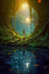 Painting of Individual surrounded by nature's beauty in a tranquil forest with reflective water
