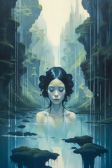 Painting of fashionable young woman in tranquil river in digital composite portrait