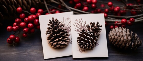 Christmas card decorated with pine cones and cranberries. Generative AI