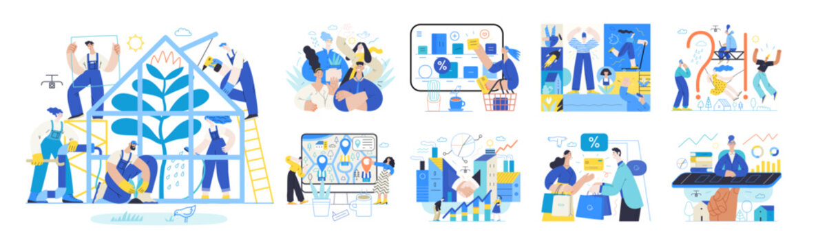 Memphis business illustration, company - modern outlined flat vector concept illustrations set, corporate Corporate Memphis style business metaphor