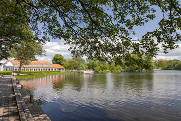 Happy wanderlust in Borgvold park in Viborg. Borgvold at Nørresø is located in a place where there was a place of violence in the High Middle Ages,Viborg,Denmark