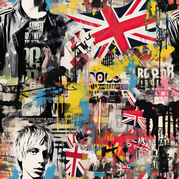 Punk rock culture collage moodboard repeat pattern, British UK