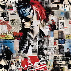 Punk rock culture collage moodboard repeat pattern, British UK