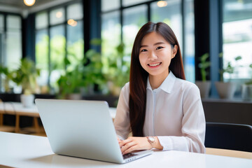 Fototapeta na wymiar Focused Asian Woman Engaged in Office Laptop Work