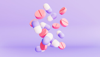 3d pharmacy drugstore health pharmaceutics on purple background first aid.