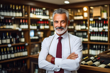 Smiling Businessman Showcasing his Wine Emporium