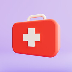 Simple red first aid kit with medicines for pharmacy category illustration 3d rendering.