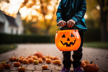 Girl on Halloween collecting candy in her spooky pumpkin basket.