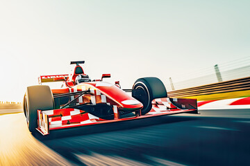 Fototapeta premium Racing sport. Race car is driving on the race track against the background of the sunset sky. The concept of Formula 1 and motorsport competitions. Kart crossing the finish line