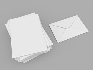 A stack of A4 paper and envelope on a gray table. 3d render illustration.