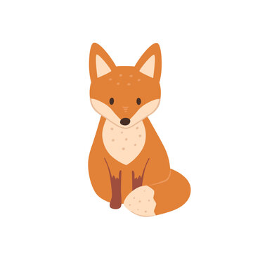 Cute sitting childish fox . Doodle vector illustration.