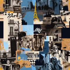 Travel Paris France collage abstract repeat pattern moodboard