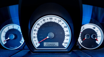 Car dashboard. Gauges Speedometer, tachometer, fuel level and engine temperature in the car