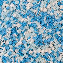 Blue and white plastic snowflakes