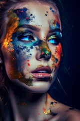 Young woman with multicolored face paint and captivating gaze