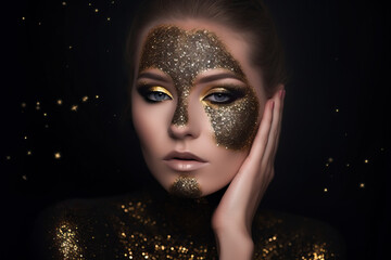 Captivating  woman with dazzling gold makeup looking at camera on black background