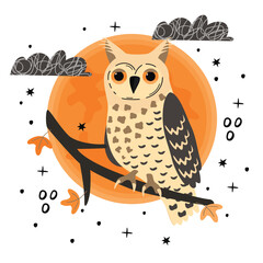 Cartoon owl sitting on a branch.Background with a huge moon, clouds and doodle elements.Colorful print on fabric and paper.Creating for card,flyer,scrapbooking.Vector flat illustration on a white.