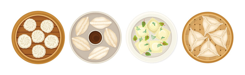 Various Dumplings of Cooked Dough with Filling Vector Set