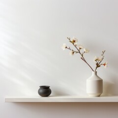 Fototapeta na wymiar A white wall shelf is adorned with just one flower vase, creating a subtle and minimalist accent in the space.