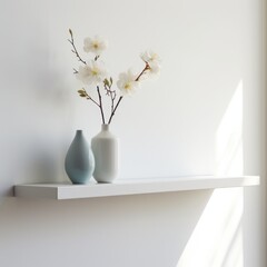 A white wall shelf is adorned with just one flower vase, creating a subtle and minimalist accent in the space.