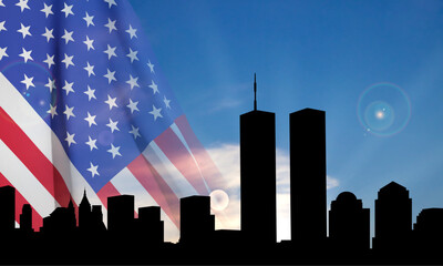 New York skyline silhouette with Twin Towers and against the sunset. 09.11.2001 American Patriot Day banner. EPS10 vector