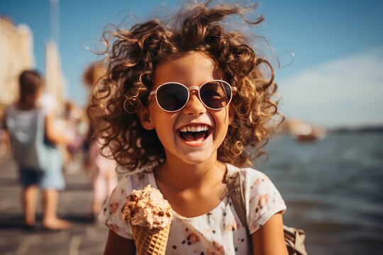 Summertime fun. Happy little girl eating ice cream on a summer beach. Vacation concept